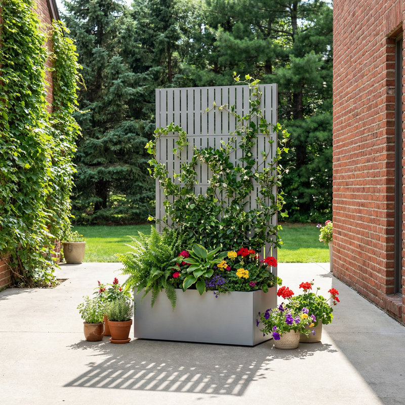 Metal Planter Box with Trellis without Wheels, Grey