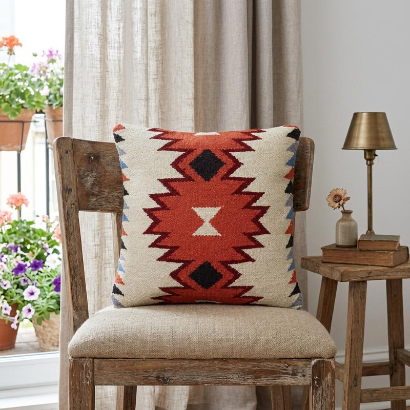  Coussin décoratif ivoire en duvet d'orange Kilim