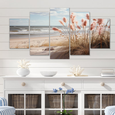 «Ocean Spring Bliss Tender Pastel Beach Grass IV», reproduction d'art mural plage - 5 panneaux