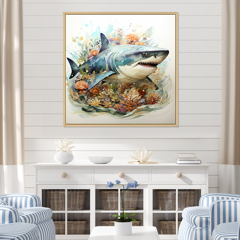 «Curious Shark Ocean Blooms I» - art mural requin, Cadre flottant brun, H 36 po x l 36 po x P 1,5 po