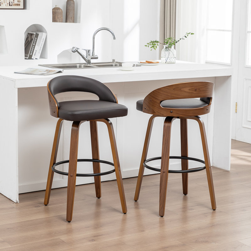 Swivel Upholstered Poplar Upholstered and Solid Wood Bar Stool with Solid Wood Frame, Brown, Bar Stool (30" Seat Height)