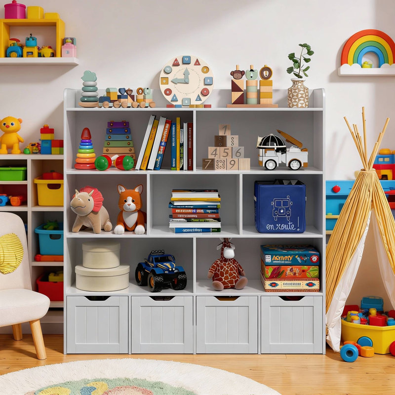 Organisateur de rangement pour jouets et bibliothèque pour enfants avec 4 tiroirs roulants, Gris