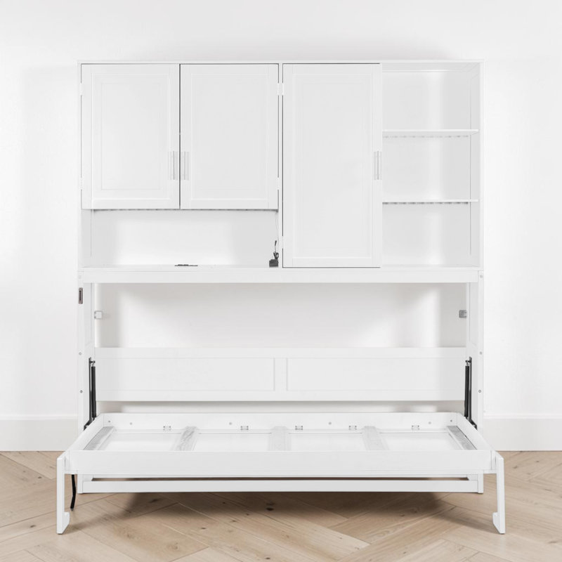 Lit escamotable simple avec bibliothèque de rangement et tablettes, lumière DEL et stations de charge, Blanc