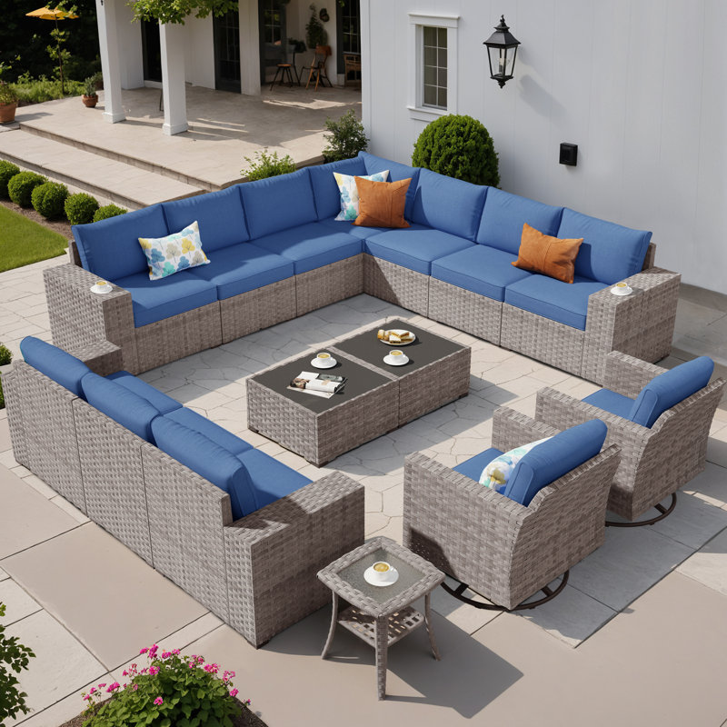 12 - Person Patio Furniture Set with Swivel Rocking Chairs, Outdoor Wicker Rattan Sectional Seating Group with Cushions, All Weather Sofa Conversation Set with Table for Garden Backyard