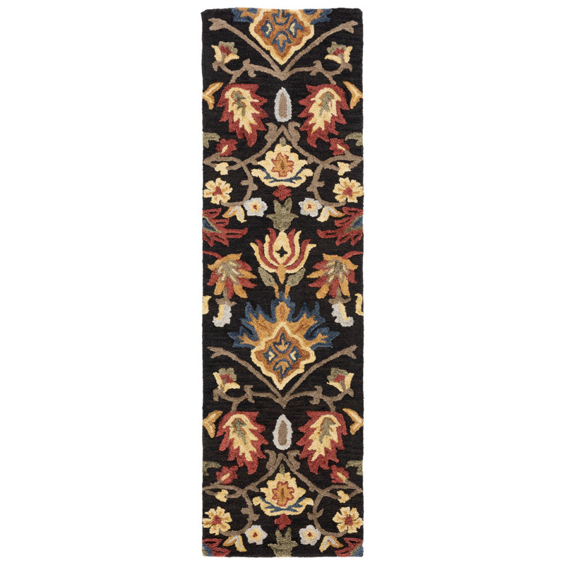 Haimes Hand Tufted Wool Floral Rug, Runner 2'3" x 18', Black/Red