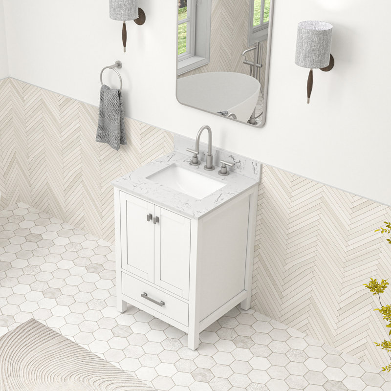 24 Inch Single Sink Freestanding Bath Vanity With Engineered Marble Top, Brushed Nickel, White