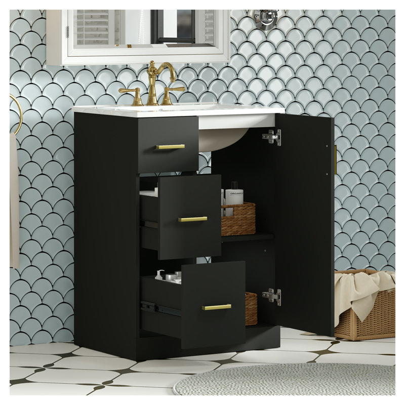 Meuble-lavabo moderne de 24 po avec lavabo, armoire en bois massif et panneau de fibres à densité moyenne, deux tiroirs à fermeture en douceur, conforme à la norme TSCA Titre VI