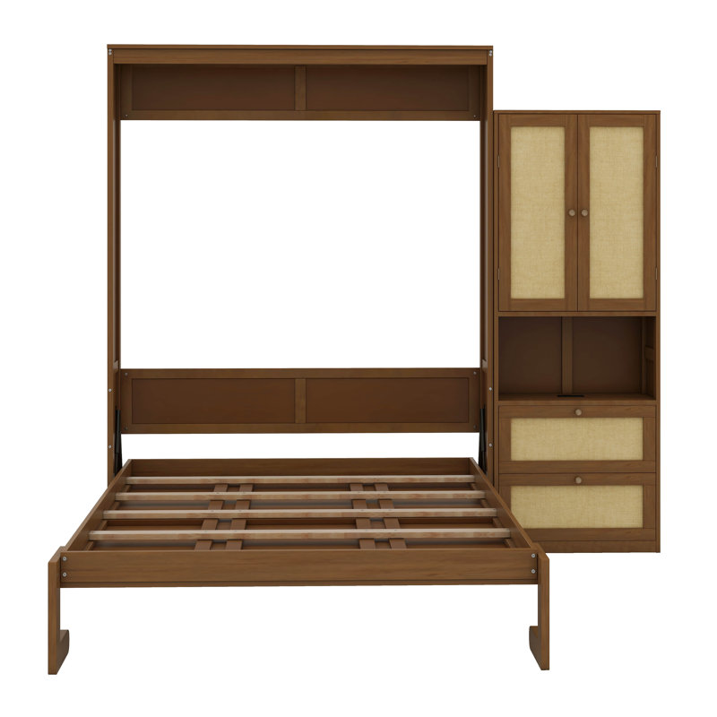 Lit escamotable double en bois avec rotin, Noyer