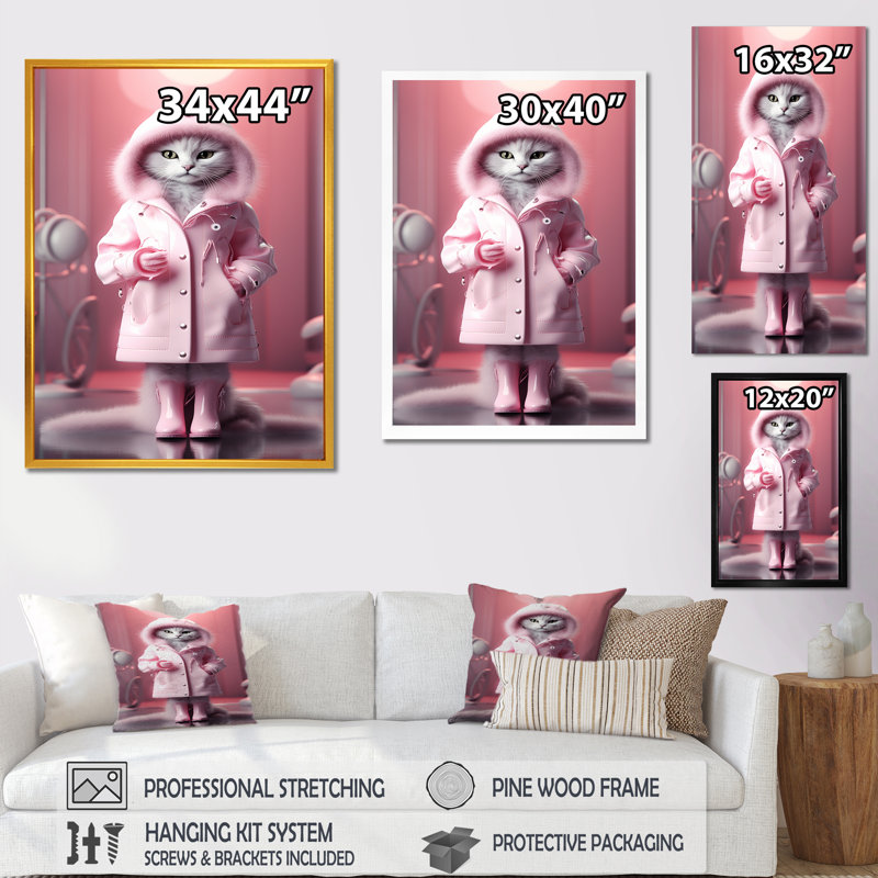 Chat blanc Fashionista en manteau rose I, H 32 po x l 24 po x P 1 po, Toile tendue