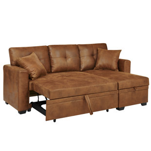 76.5" Reversible Sectional Sleeper Sofa with Pull-Out Bed & Storage Chaise, L-Shaped Convertible Couch in Light Brown Breathable Fabric for Small Spaces