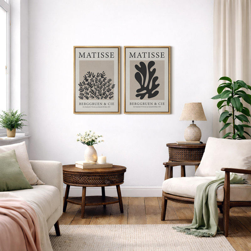 Classical Artwork "Henri Matisse, art botanique noir moderne, images murales neutres modernes, impression sur toile encadrée, ensemble de 2 pièces d'art mural" 16 x 24 x 2, 24 x 36 x 2