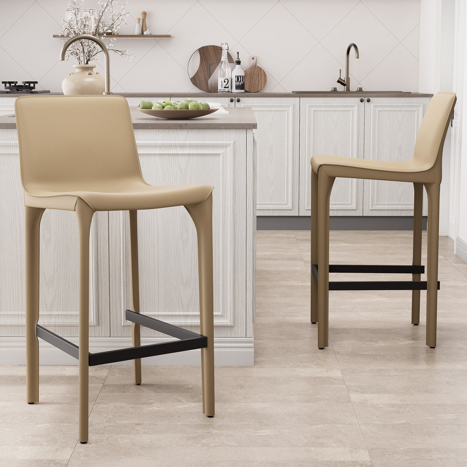 Vannes Vegan Leather Barstool, Khaki, 2