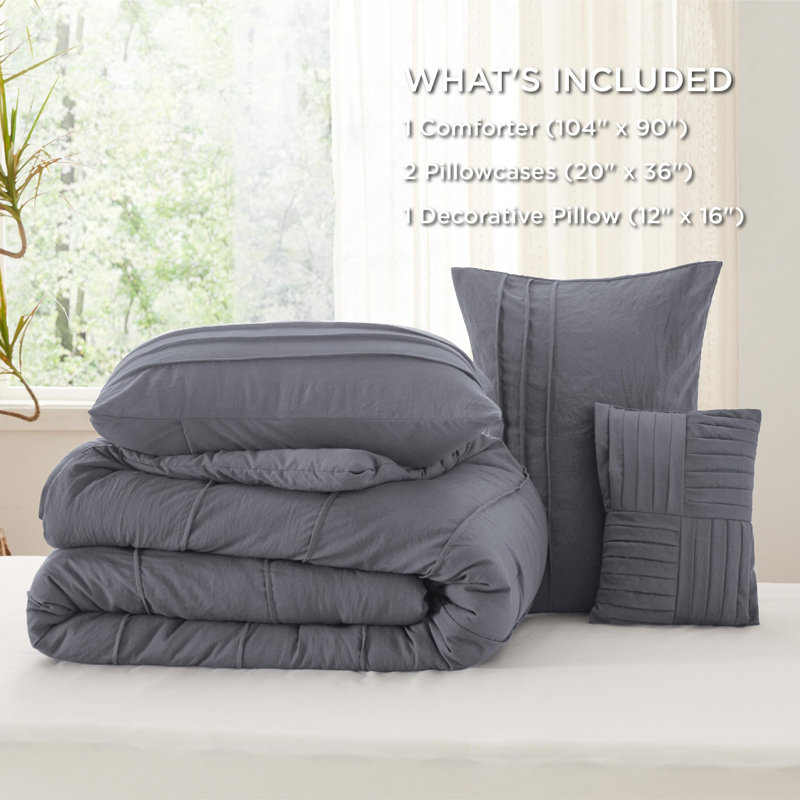 Bedsure Pinch Pleat Comforter Set Boho Bed-in-A-Bag Bedding Set with  Pillowcases for All Season, Dark Gray