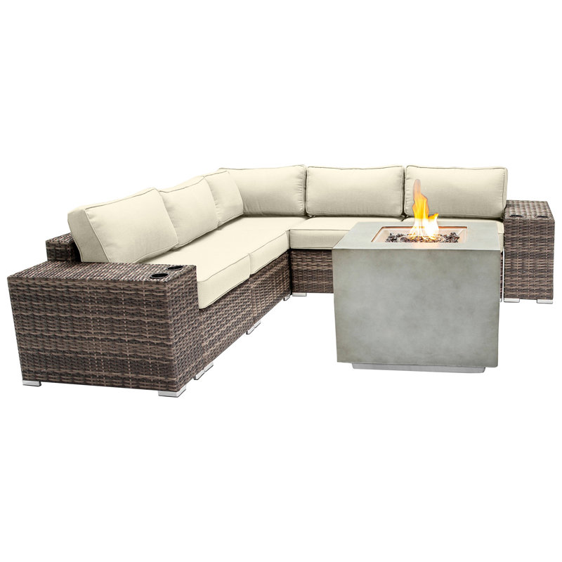 Lsi Fully Assembled 8 Pieces Sectional Seating Group With Sunbrella Cushions And Concrete Firepit, Sunbrella Canvas