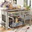 Grand meuble cage pour chien avec 2 tiroirs, bols rotatifs, finition grise-1746327321