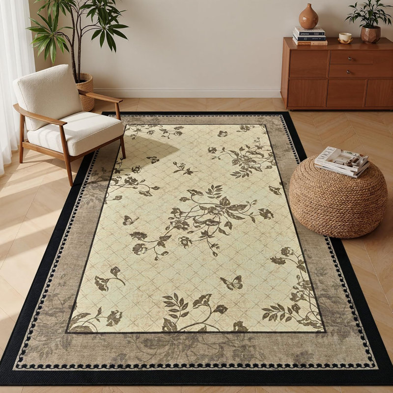 Tapis antidérapant à imprimé floral papillon, Rectangulaire 3 pi x 5 pi