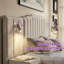 Base de lit tapissier grand VARELON avec table de chevet intégrée et lampes de lecture - Tête de lit à rayures verticales en velours - Lampes réglables - Sans sommier-1114553011
