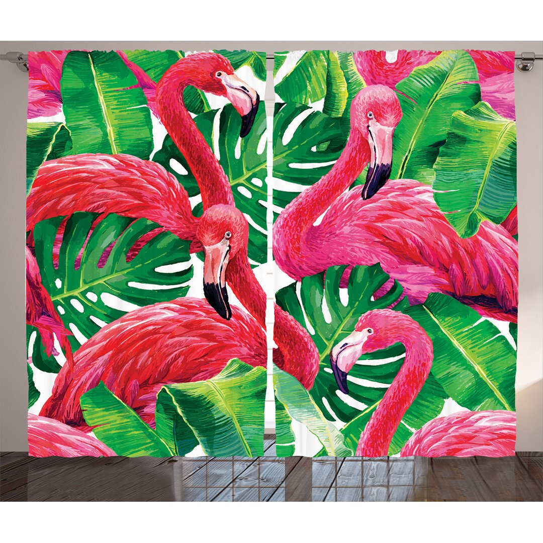 Rustikaler Vorhang, Retro exotische Blätter, Flamingo, Grün Rosa