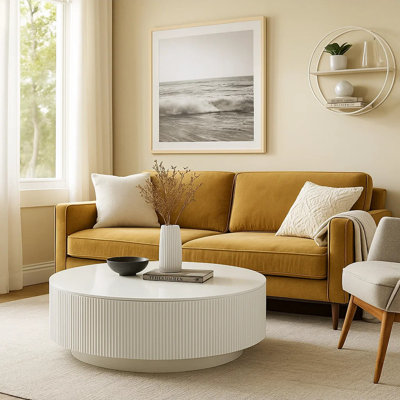 Table basse Del Modern, plateau rond de 47 po, base nervurée blanc brillant