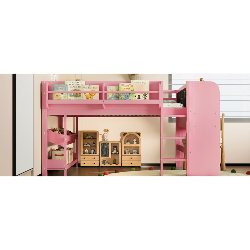 Full Loft Bed, Pink, Solid Wood, Multi - Storage, Blackboard, Educational Fun Play Area, ', Pink