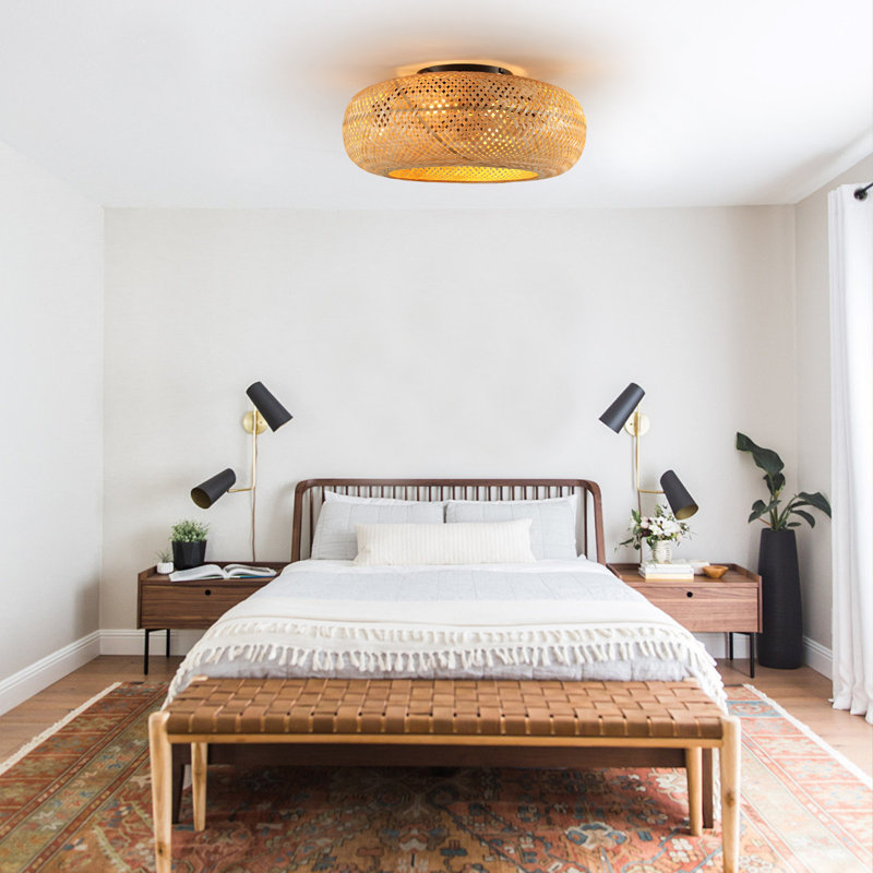 Ventilateur de plafond en rotin de 19 pouces avec lumière - 4 ampoules à intensité variable, télécommande, 7 pales et moteur à courant continu réversible, adapté aux chambres et aux patios