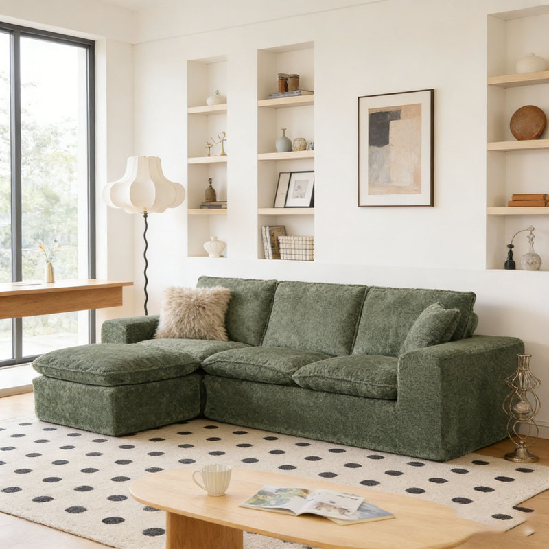 107'' Modern Boucle L-shaped Sectional Sofa, 4, Green