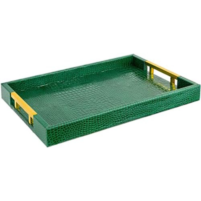 Luxury Modern Elegant 18"X12" Rectangle Crocodile Green Faux Leather Decorative Tray Ottoman Coffee Table Living Room Decor Kitchen Serving Tray With Gold Polished Metal Handles