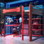 Lit mezzanine double noir et rouge avec tablettes à 4 niveaux et bande à DEL pour optimiser l'organisation du rangement