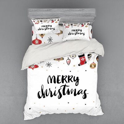 Merry X-Mas Words Brush Lettering Creative Noel Phrase Inspirational Print Duvet Cover Set -  Ambesonne, bsnev_20316_queen