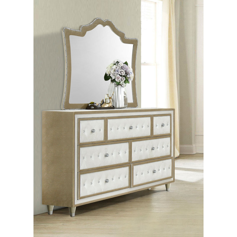 Kirbyville 7-drawer Upholstered Dresser with Mirror Ivory, Ivory/Camel