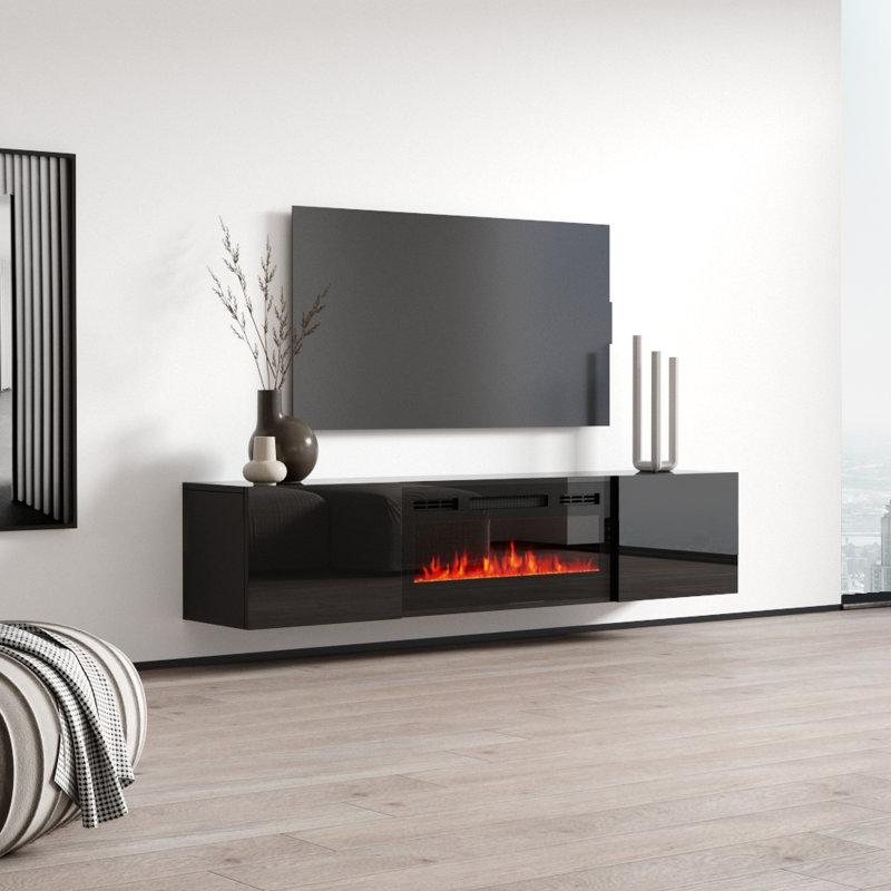 Meuble télé moderne 72 po avec foyer électrique Aiyanah, finition ultrabrillante, fixation murale, Noir