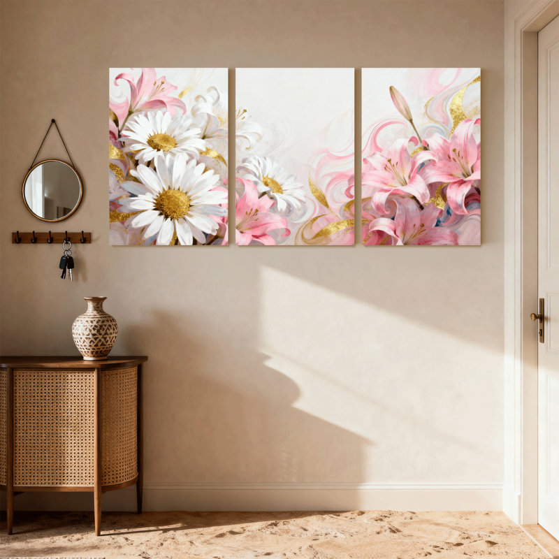 Plantes et fleurs, ensemble de 3 impressions sur toile à motif de marguerites or rose et blanc