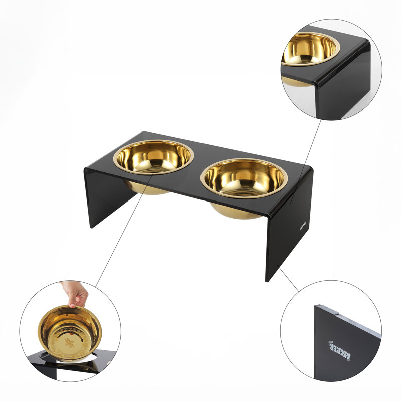 Keaton 7.5" Black and Gold Modern Elevated Pet Feeder with Stainless Steel Bowls