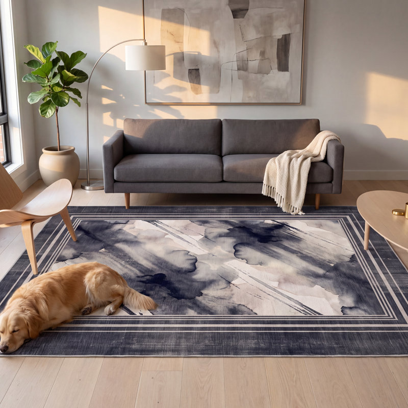 Tapis Marlowe moderne à l'aquarelle abstraite grise et noire, lavable à la machine, antidérapant, à poils courts, pour intérieur et extérieur, adapté aux animaux domestiques, idéal pour le salon, la chambre, la salle à manger, l'entrée, le corridor ou le bureau.
