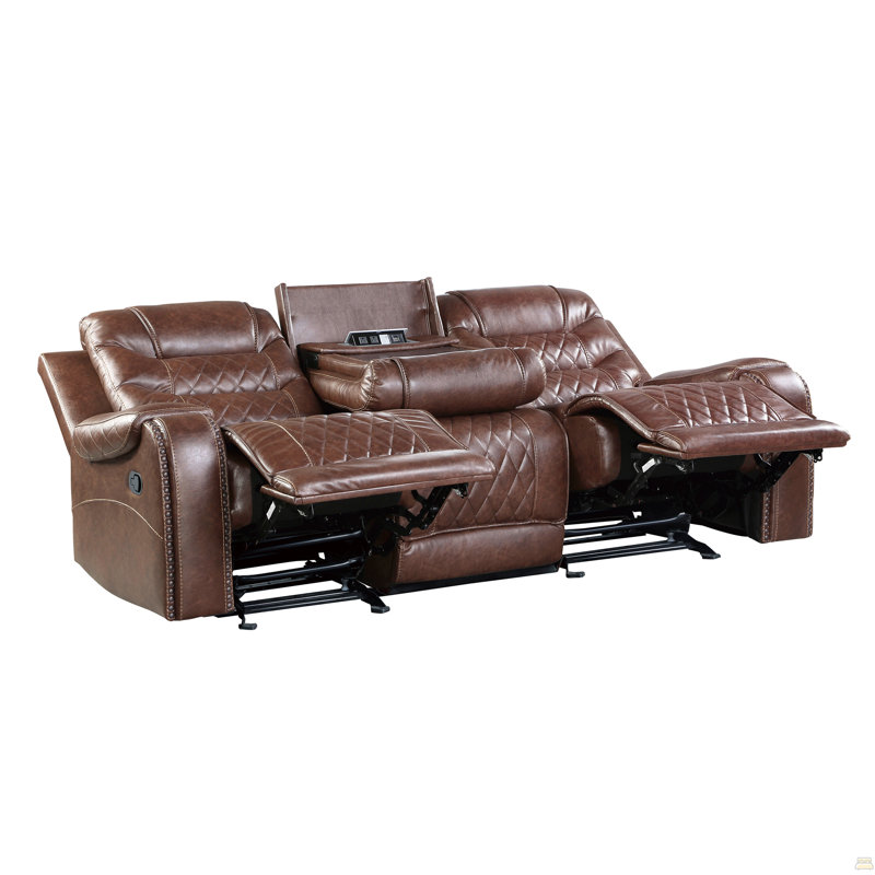 Canapé inclinable double 1 pièce brun avec porte-gobelets rabattables, ports USB, revêtement en similicuir respirant à motif de losanges