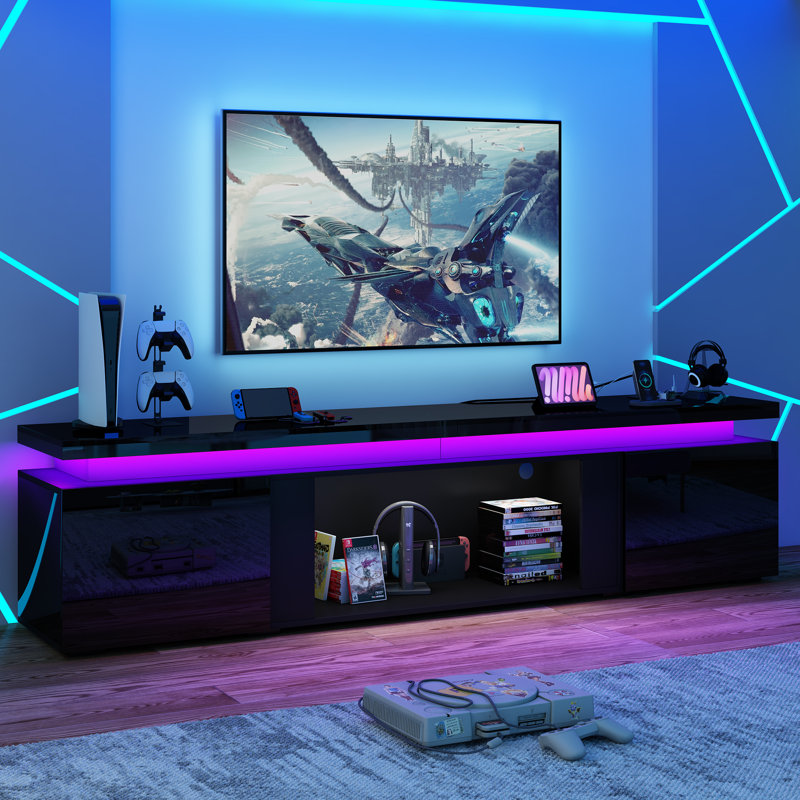 71" High Gloss TV Stand With Power Outlet And LED Light, 20.3"H x 71"L x 15"W, Black