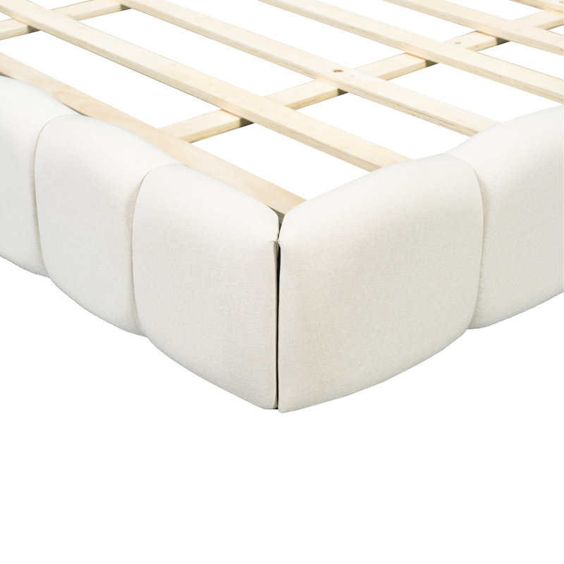 Lit plateforme tapissier avec tissu épais, lit au sol avec structure solide, Beige