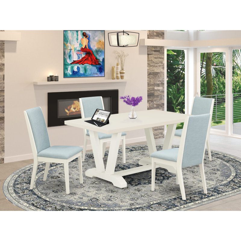Cet ensemble de salle à manger 5 pièces comprend une table rectangulaire blanc cassé (blanc cassé) et 4 chaises de cuisine en lin bleu clair à haut dossier - Lin brossé blanc