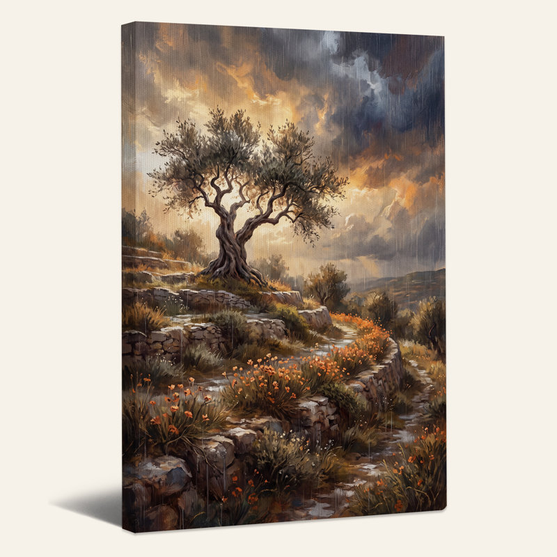 «Gnarled Olive Tree Rainy Landscape Orange Flowers», art mural sur toile, H 48 po x l 32 po