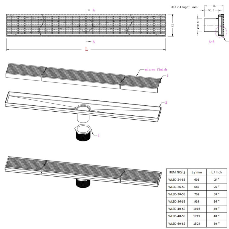Drain de douche en acier inoxydable 304 poli à miroir, drain de grille de salle de bain amovible et attrape-cheveux avec conception imperméable pour plancher de carrelage, conforme Cupc