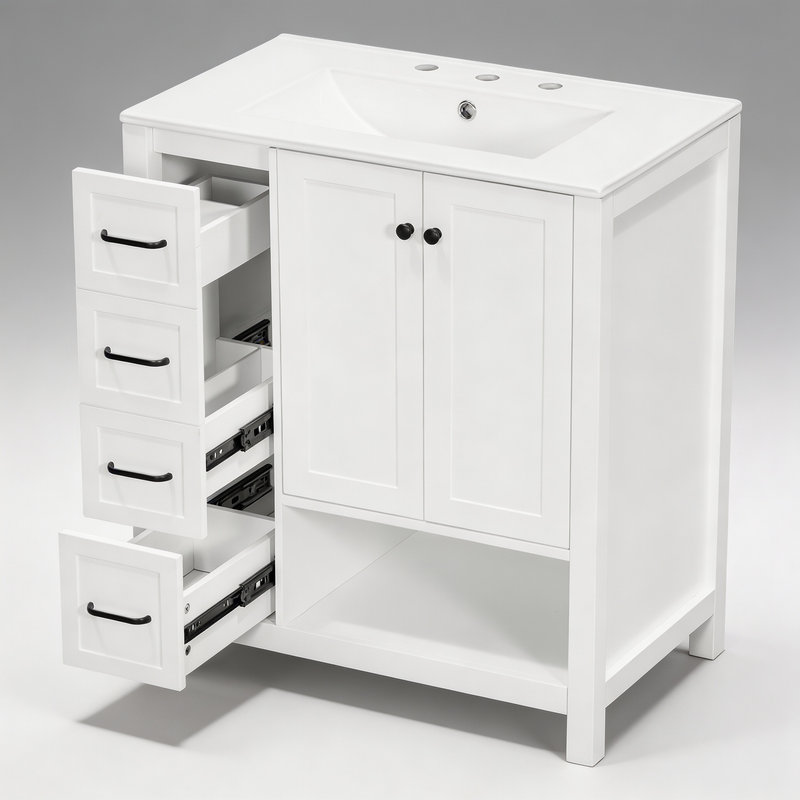 Meuble-lavabo blanc de 30 po avec comptoir d'évier; Armoire à deux portes et deux tiroirs; Bois massif Tablette ouverte Panneaux de fibres à densité moyenne; Emballage simple