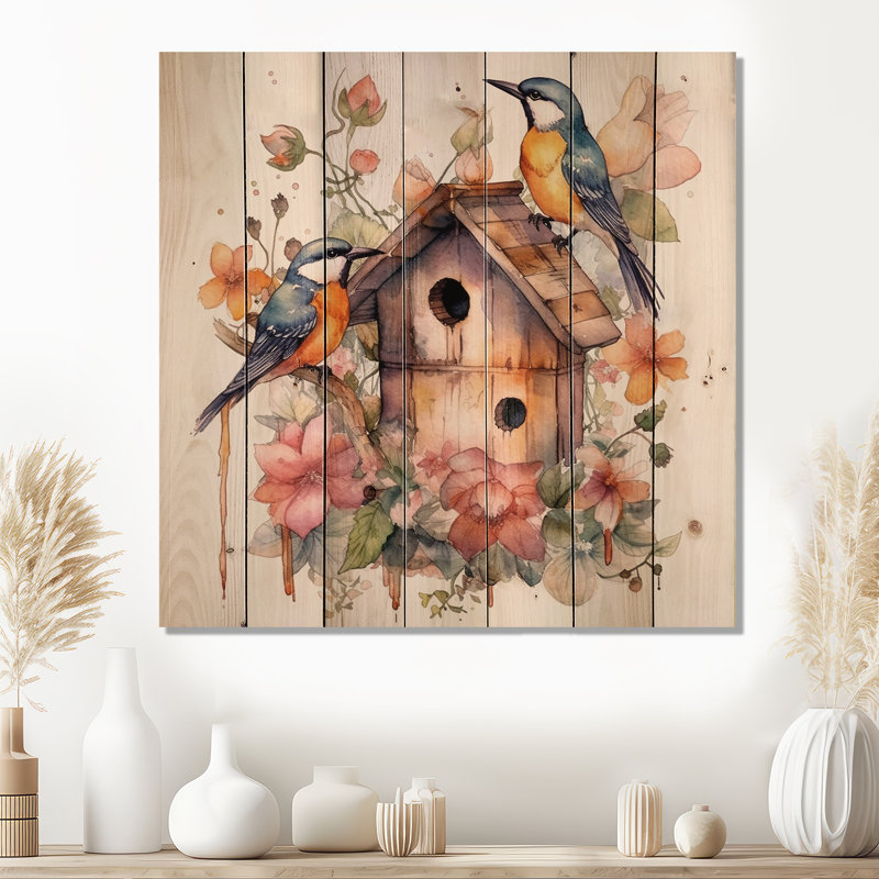 Corneille, oiseaux sur un nichoir sur bois naturel, H 30 po x l 30 po x P 0,78 po