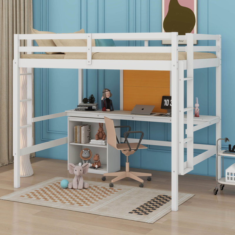 Lit mezzanine en bois double avec bureau, tableau d'écriture et armoire à 2 tiroirs Justion, Blanc