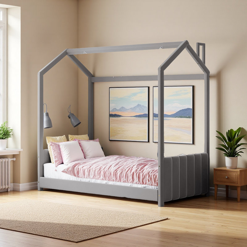 Lit en bois Velvet House, gris, Lit simple