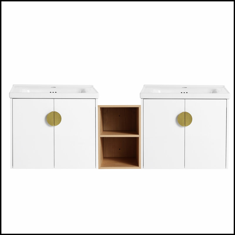 Meuble-lavabo à fermeture en douceur de 60 pouces avec lavabo et petites tablettes de rangement, parfait pour les salles de bain compactes et le design moderne.