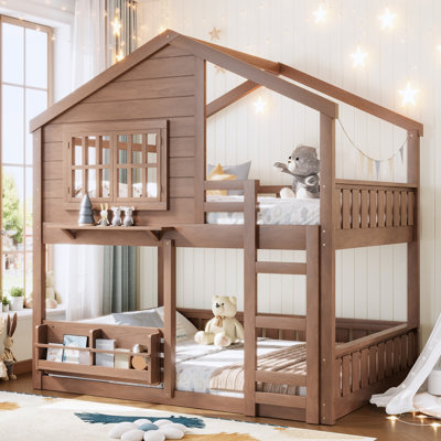 Solid Wood House Bunk Bed with Bookshelves and Safety Fencing