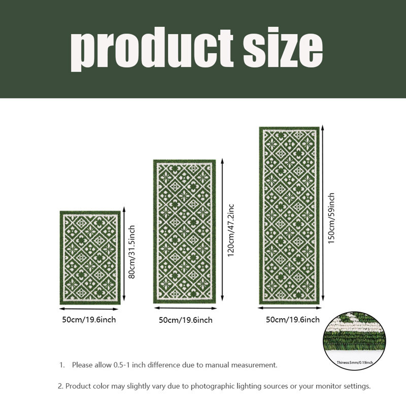Kitchen Mat, Non Slip Rubber Backing, Machine Washable, 3 Piece Set, Green