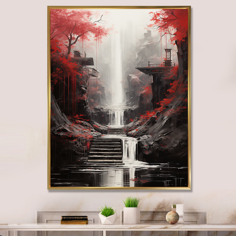 «Red Tree Endless Waterfall Journey», art sur toile, H 40 po x l 30 po x P 1,5 po, Cadre flottant doré