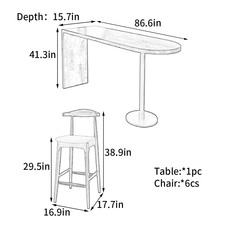 High-end solid wood black bar table, 41.3"H x 86.6"W x 15.7"D