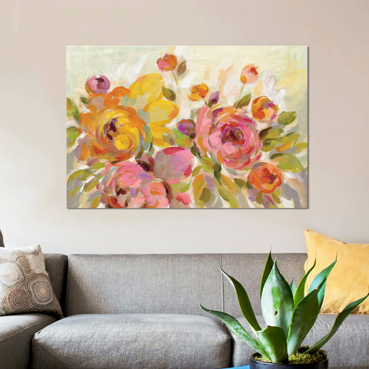 «Brushy Peony», reproduction d'aquarelle sur toile tendue, H 18 po x l 26 po x P 1,5 po, Pas de tapis, Toile tendue